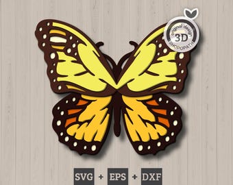 Monarch Butterfly - 3D Element Layered SVG DXF EPS for Laser Cut, Glowforge, Cricut (Cutting Files)
