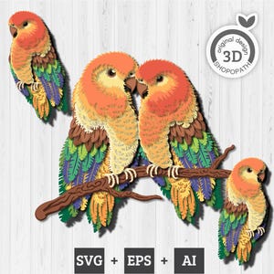 Éléments de superposition de tourtereaux SVG 3D, perroquet de la Saint-Valentin SVG 3D, amour 3D Svg, oiseaux mignons 3D SVG, Svg 3D romantique, Silhouette Cricut