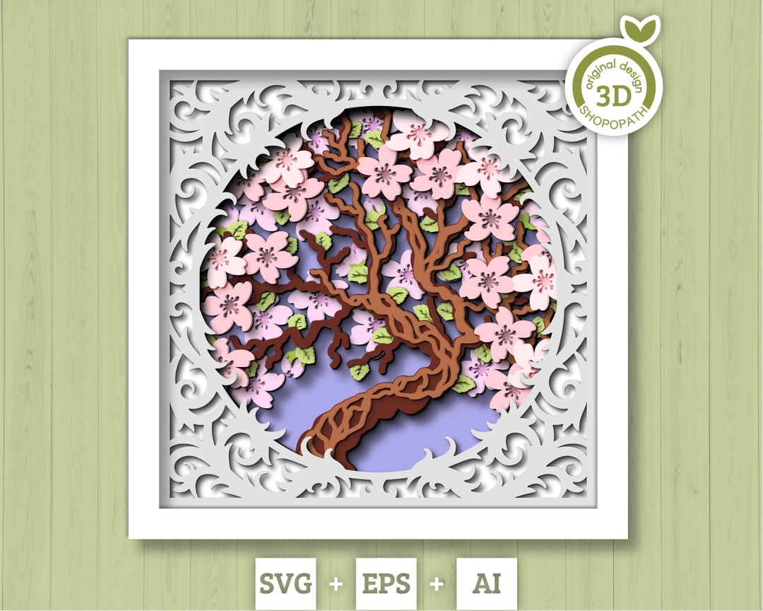 3D Cherry Blossom Tree Shadow Box SVG, 3D Spring SVG, 3D