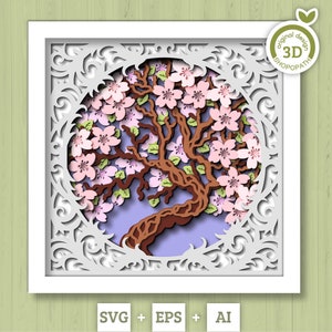 3D Cherry Blossom Tree Shadow Box SVG, 3D Spring SVG, 3D Cherry Blossom svg, Sakura Tree Flowers 3d Svg, Floral SVG, Cricut Silhouette