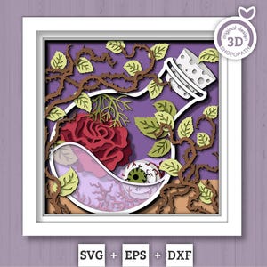3D SVG Potion Bottle With Rose Shadow Box, Halloween Shadow Box 3D Svg, Potion Bottle 3D SVG, Rose 3d SVG, Eyeball 3D Svg Cricut Silhouette