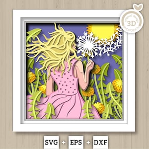 Mujer en un campo de dientes de león - Cuadro de sombras 3D con capas SVG DXF EPS (archivos de corte)