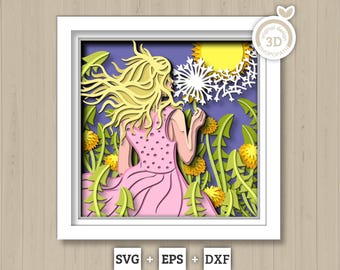 Woman in Dandelion Field - 3D Shadow Box Layered SVG DXF EPS (Cutting Files)