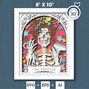 Caja de sombras de 8 x 10 con esqueleto de tarot en formato 3D SVG, caja de sombras de Halloween en formato 3D SVG, creación en capas en formato 3D SVG, tarot en formato 3D SVG, silueta de Cricut