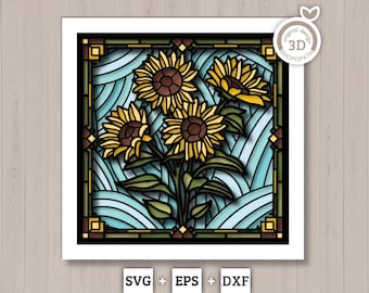 Sunflowers Bouquet Stained Glass - 3D Shadow Box Layered SVG DXF EPS (Cutting Files)