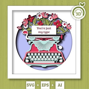3D SVG Saint-Valentin Shadow Box, machine à écrire 3D Svg Saint-Valentin SVG en couches, amour romantique Shadow Box, fleurs 3D Silhouette Svg Cricut