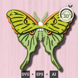 Papillon papillon lunaire en couches 3D EPS SVG, 3D papillon en couches superposées Papercut svg Bugs Svg découpé au laser Cricut Glowforge