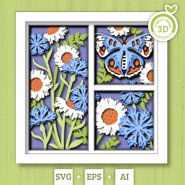 3D Butterfly Shadow Box SVG, Layered Wild Flowers SVG, Spring Shadow Box, Buckeye 3D Svg,Floral Papercut svg, Cornflower, Cricut Silhouette