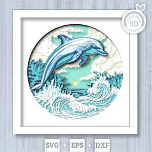 Dolphin Swimming in Waves - 3D Shadow Box Layered SVG DXF EPS (Cutting Files)
