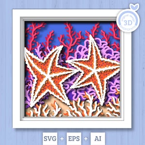 Puede incluir: Un diseño de corte de papel 3D con dos estrellas de mar naranjas con contornos blancos, rodeadas de coral en tonos de rosa, morado y naranja. El diseño está enmarcado en blanco y se coloca sobre un fondo azul.