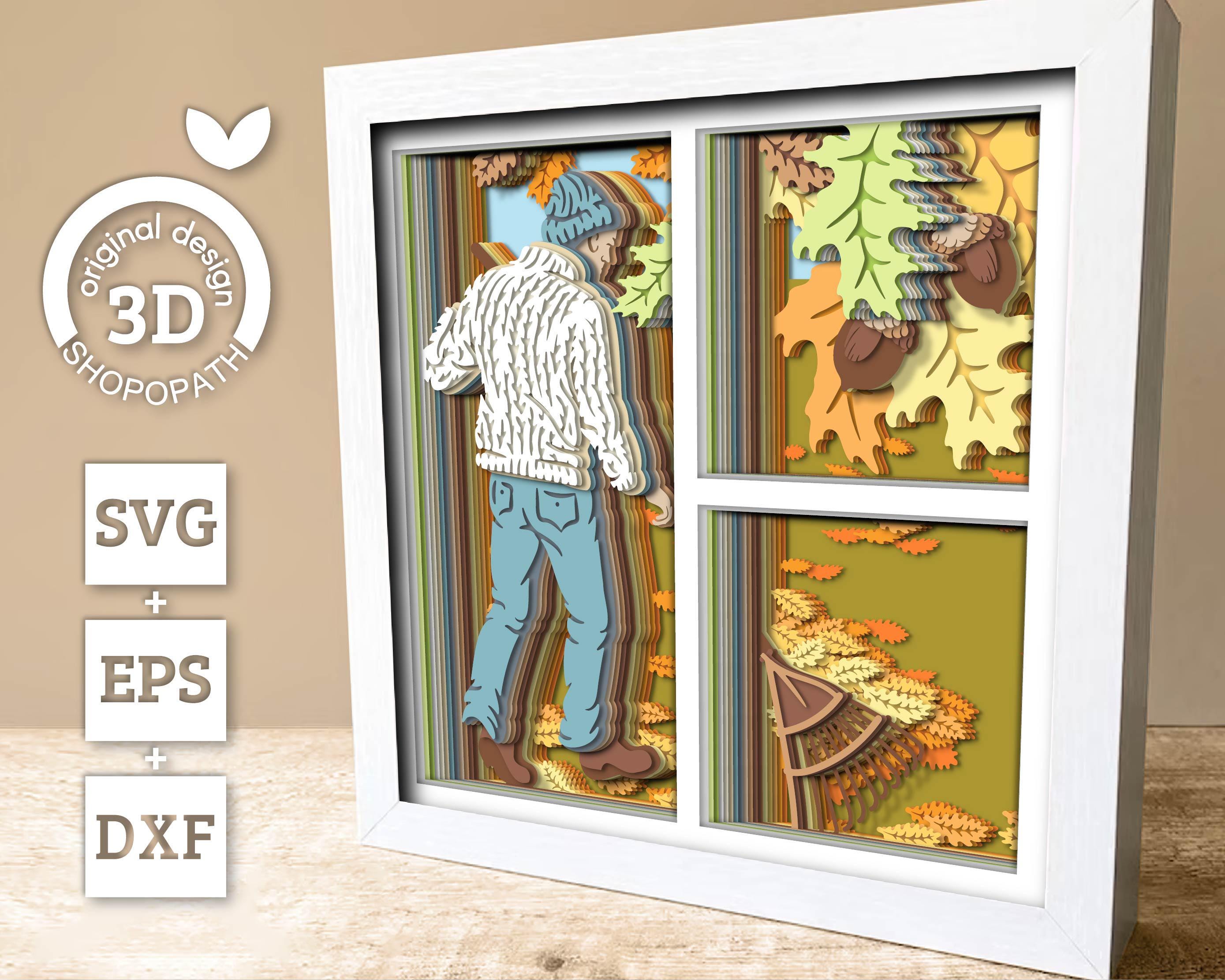 Man Raking Svg Man With Sweater Raking Autumn Leaves Shadow Box 3D SVG, Fall Landscape ...