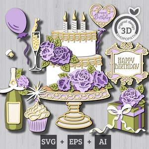 3D-Schichtung Geburtstag SVG, 3D-Schichtkuchen, Layered Papercut svg, Geburtstagsparty-Svg, 3D-Ballon svg, alles Gute zum Geburtstag Cricut, Silhouette