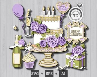 3D Layered Birthday SVG, 3D Layered Cake, Layered Papercut svg, Birthday Party Svg, 3D Balloons Svg, Happy Birthday Cricut, Silhouette