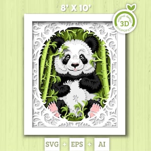 Panda SVG 3D com caixa de sombra de bambu, urso panda SVG 3D de 8 x 10 polegadas, SVG de verão 3D, bambu 3D SVG, caixa de sombra de panda 3D SVG, silhueta Cricut
