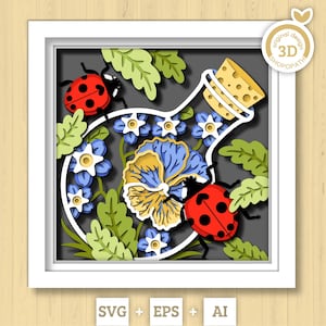 Joaninhas 3D SVG em caixa de sombra de garrafa, amor-perfeito em camadas 3D SVG, caixa de sombra de verão, joaninha 3D Svg, flores 3d Svg, silhueta Cricut