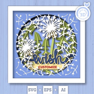 3D pissenlit souhait ombre boîte SVG couches pissenlits SVG printemps personnalisé ombre boîte fleurs 3D Svg floral 3d Svg papercut svg Cricut Silhouette