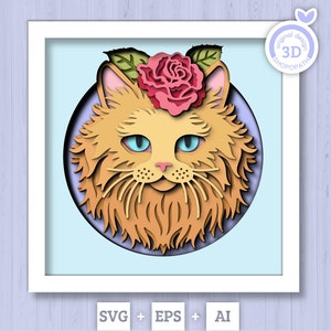 3D SVG gingembre chat chat ombre boîte, couche de chat SVG, chaton 3D Svg, animal de compagnie commémoratif Svg animaux Shadow Box 3D couche chat avec rose Silhouette Cricut