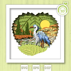 Caixa de sombra 3D SVG de garça no lago ao pôr do sol, cenário de vista para o lago Pinetree 3D SVG, corte de papel DXF EPS para Cricut Silhouette Brother