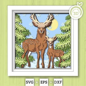 3D Father Deer With Baby Deer In Forest Shadow Box SVG, 3D Forest SVG, 3d svg Baby Deer, Winter 3d svg Cricut Silhouette