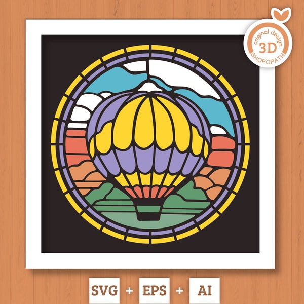 3D SVG Stained Glass Hot Air Balloon Shadow Box, Desert 3D Svg Stained Glass Papercut 3d Svg Home Decor SVG Shadow Box svg Cricut Silhouette