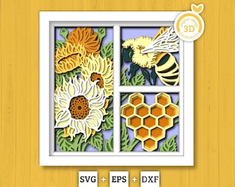 Honeybee with Sunflower Panels - 3D Shadow Box Layered SVG DXF EPS (Cutting Files)