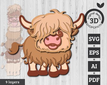 3D Layered Highland Cow SVG PDF EPS, Layered Cow Svg, Layered Papercut svg, Long Hair Cow Svg, Laser Cut Cow, Cricut Glowforge