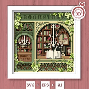 3D SVG livre Shadow Box, livres 3D Svg, lecture 3D Svg, livres Shadow Box, bibliothèque magasin Papercut Svg 3D en couches, Cricut Silhouette
