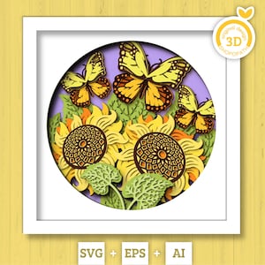 Tournesols en couches 3D avec papillon monarque Shadow Box SVG, boîte d'ombre d'été, monarque 3D Svg, 3D tournesol Papercut svg, Silhouette Cricut