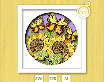 3D Layered Sunflowers With Monarch Butterfly Shadow Box SVG, Summer Shadow Box, Monarch 3D Svg, 3D Sunflower Papercut svg, Cricut Silhouette