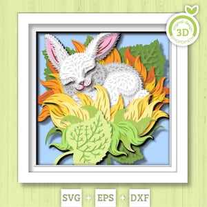 Lapin SVG 3D dormant dans la boîte de l'ombre de tournesol, lapin Svg 3D, printemps Shadow Box 3D Svg, tournesol DXF 3D, lapin de Pâques DXF, Silhouette Cricut