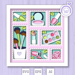 May include: A pink and white 3D paper cut design featuring a variety of makeup items, including lipstick, nail polish, eyeshadow palettes, blush, and makeup brushes. The design is framed in a white square with a scalloped edge.