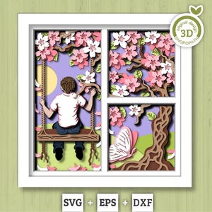 3D SVG Boy On Swing Under Blossom Tree Shadow Box, 3D SVG Spring , 3D Svg Cherry Blossom, 3d Sakura Tree Svg, Floral SVG, Cricut Silhouette