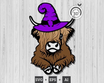 3D Layered Highland Cow SVG PDF EPS, Halloween Layered Cow Svg, Papercut svg, Long Hair Cow Svg, Laser Cut Cow, Cricut Glowforge