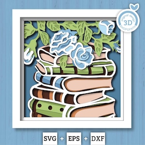Book Stack with Roses - 3D Shadow Box Layered SVG DXF EPS (Cutting Files)