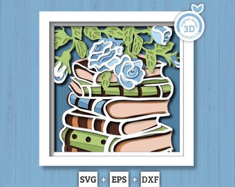Book Stack with Roses - 3D Shadow Box Layered SVG DXF EPS (Cutting Files)