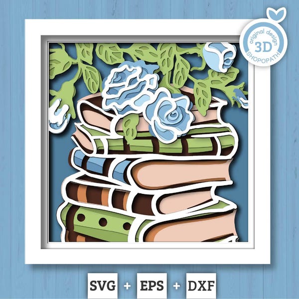 Pila di libri con rose - Scatola delle ombre 3D a strati SVG DXF EPS (file di taglio)