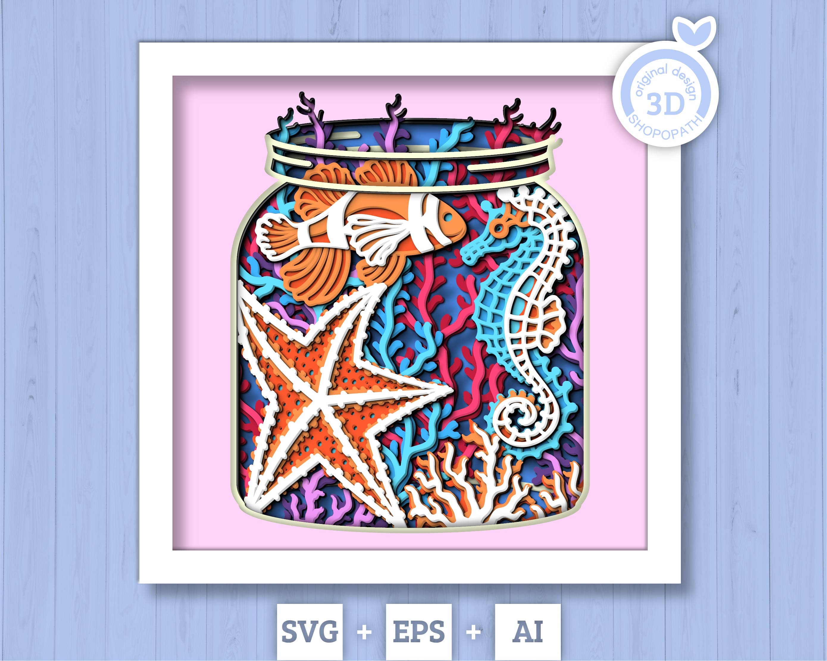 3D 海のシャドー ボックス SVG、水族館の瓶のシャドー ボックス