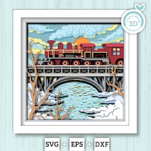 Winter Train on Bridge - 3D Shadow Box Layered SVG DXF EPS (Cutting Files)