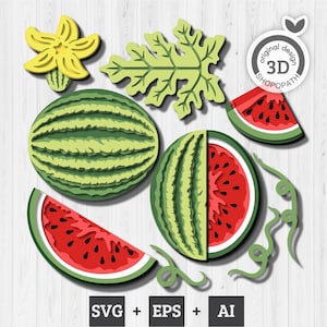 Anguria a strati 3D SVG EPS, anguria 3D Papercut in formato SVG, fiori di anguria 3D in formato SVG, fetta di anguria in formato SVG, taglio laser Cricut Glowforge