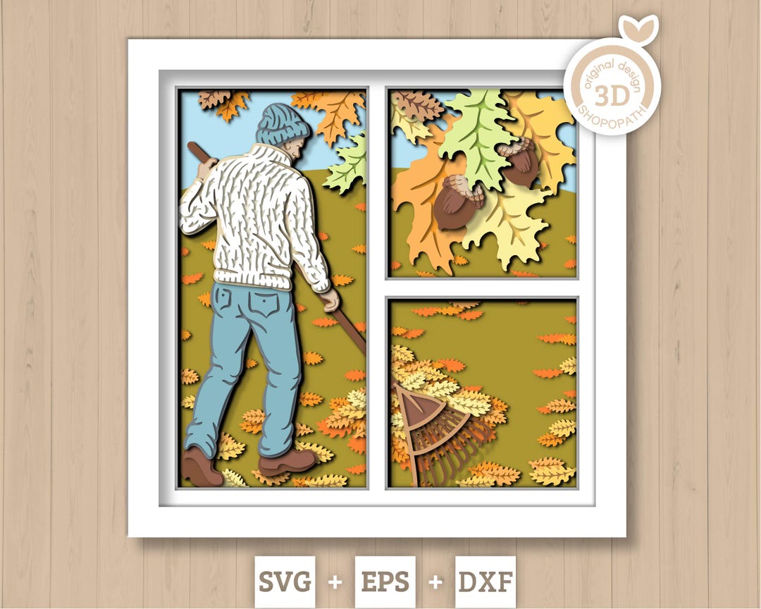 Man Raking Svg Man With Sweater Raking Autumn Leaves Shadow Box 3D SVG, Fall Landscape ...