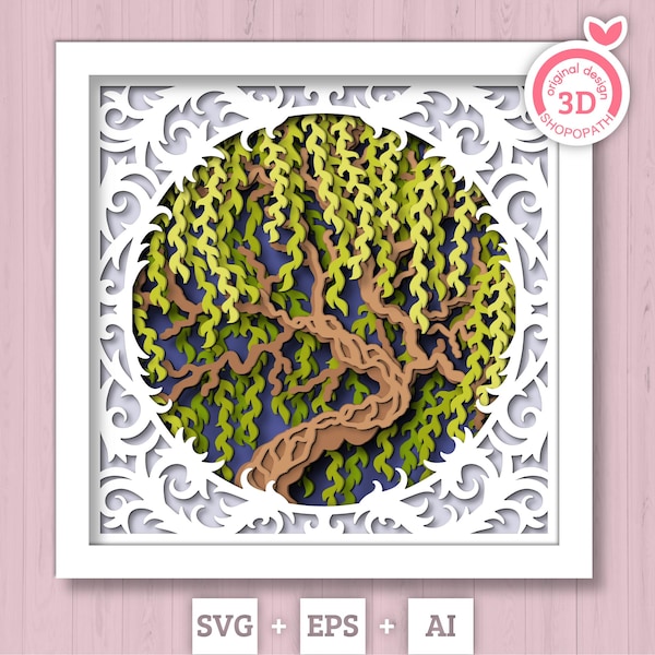 3D Willow Tree With Lace Frame Shadow Box SVG, Willow Tree 3D SVG, 3D Layered Willow Svg, 3D Summer SVG, 3d Lace Frame svg Cricut Silhouette