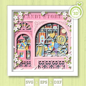 Magasin de bonbons Shadow Box 3D SVG avec superpositions de bonbons et de sucettes Papercut coupe des fichiers DXF EPS pour Cricut Silhouette Brother