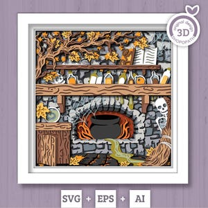 Scatola delle ombre della cucina della strega in 3D SVG, scatola delle ombre di Halloween in 3D SVG, casa stregata in 3D SVG, pozioni in 3D SVG, strega a strati in 3D svg Cricut Silhouette
