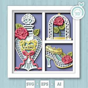 3D SVG Saint-Valentin Shadow Box, SVG en couches de la Saint-Valentin, philtre d'amour 3D Svg, romantique Shadow Box, Fantasy 3D Roses Silhouette Cricut