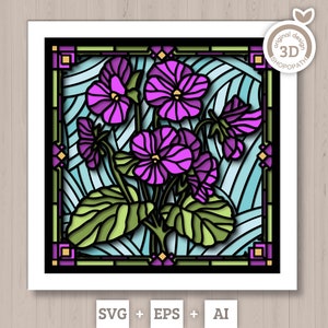 Caja de sombras con flores violetas de vitrales SVG 3D, flores SVG 3D, vitrales florales 3D cortados en papel, caja de sombras con violetas SVG, silueta de Cricut
