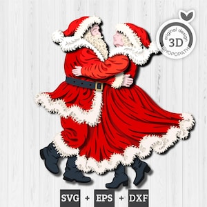 May include: A 3D illustration of Father Christmas and Mrs. Claus embracing. They are wearing red suits with white fur trim and black boots. The image has the text "original design 3D SHOPOPATH" and "SVG + EPS + DXF".