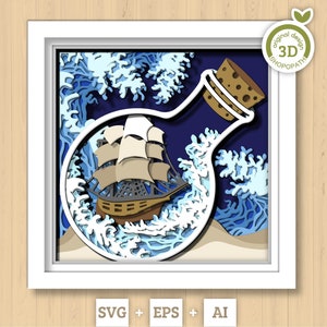3D SVG voilier en bouteille Shadow Box, bateau 3D Svg, plage 3D Svg, mer 3D svg, Svg 3D été, voilier 3D svg, Silhouette Cricut