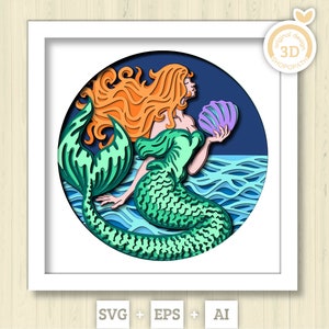 3D SVG Sirène sur les vagues Shadow Box, Svg 3D sirène, Svg 3D vagues, mer 3D svg, Svg 3D été, sirène Shadow Box 3D Svg, Silhouette Cricut