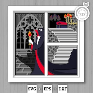 3D SVG Vampire Shadow Box, Layered Ghost Halloween, Panels Haunted Castle 3D Svg, Papercut svg, 3d Halloween Bat Casket, Cricut Silhouette
