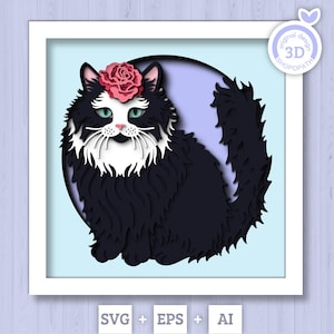 3D SVG chat noir et blanc Shadow Box, SVG en couches de chat persan, chaton 3D Svg, animal de compagnie commémoratif animaux Shadow Box 3D en couches Rose Silhouette Cricut
